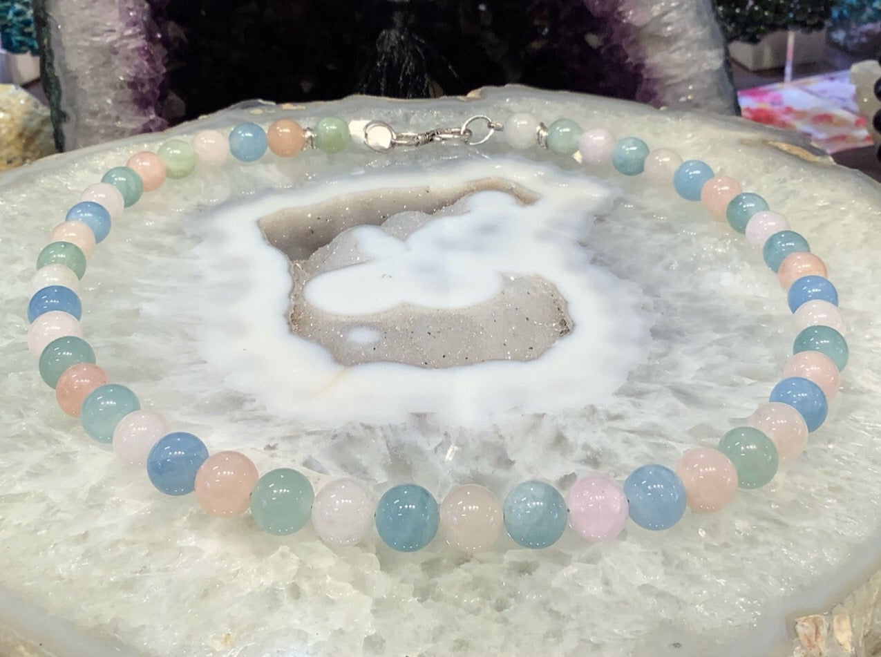 10mm Pink Morganite Blue Aquamarine Gemstone Necklace