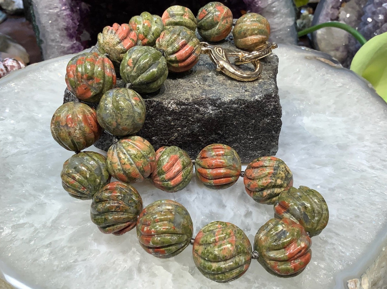 Large Hand Knotted Unakite Carved Gemstone Bead Necklace