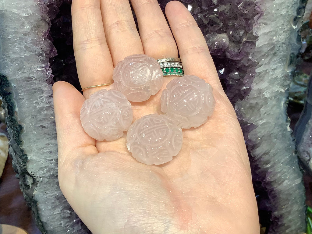 4 Large Rose Quartz carved shou gemstone beads