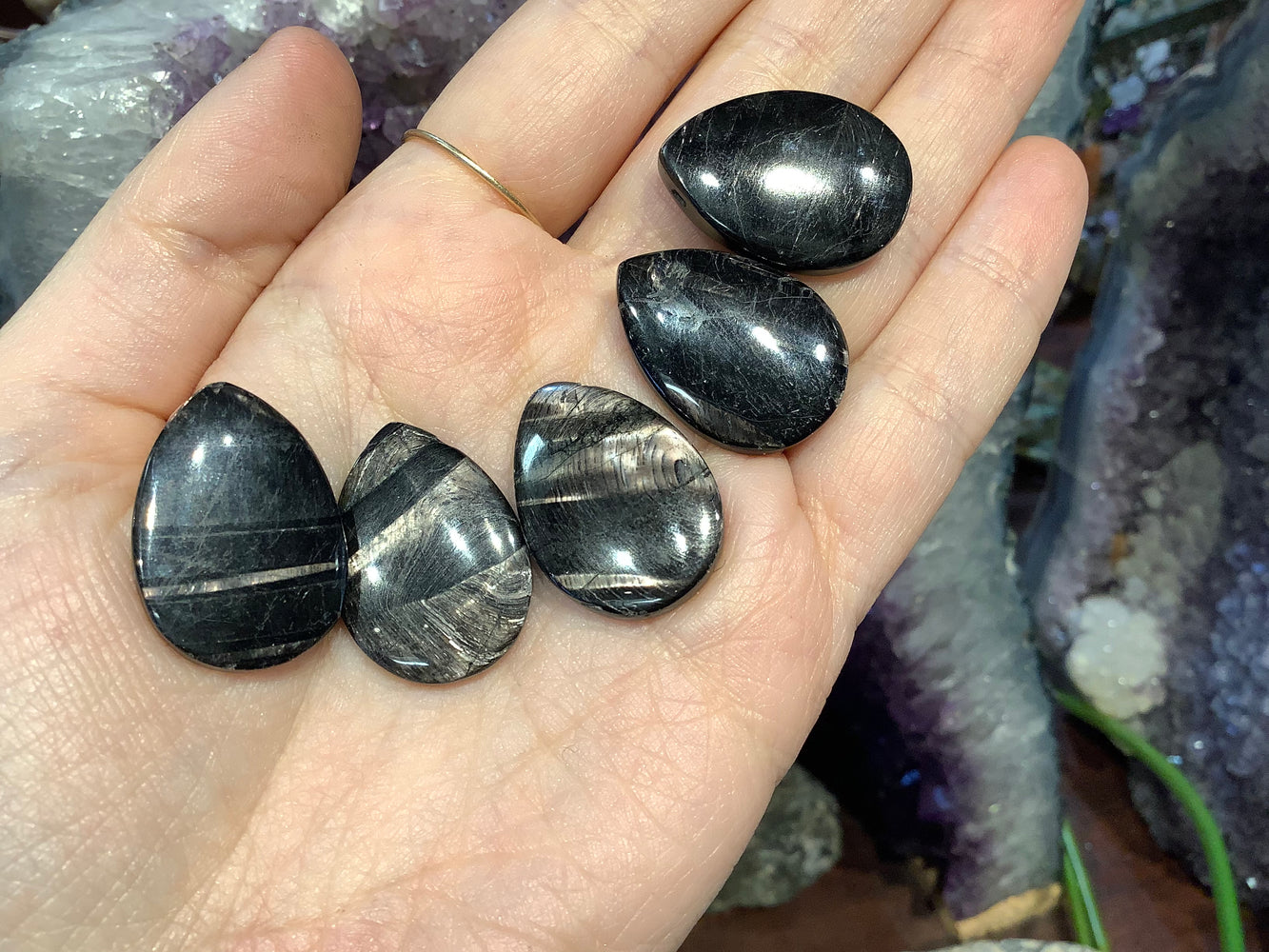 5 Hypersthene top drilled 25mm teardrop gemstone beads