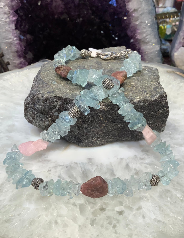 Stunning Aquamarine & Raw Tourmaline Nugget Gemstone Necklace