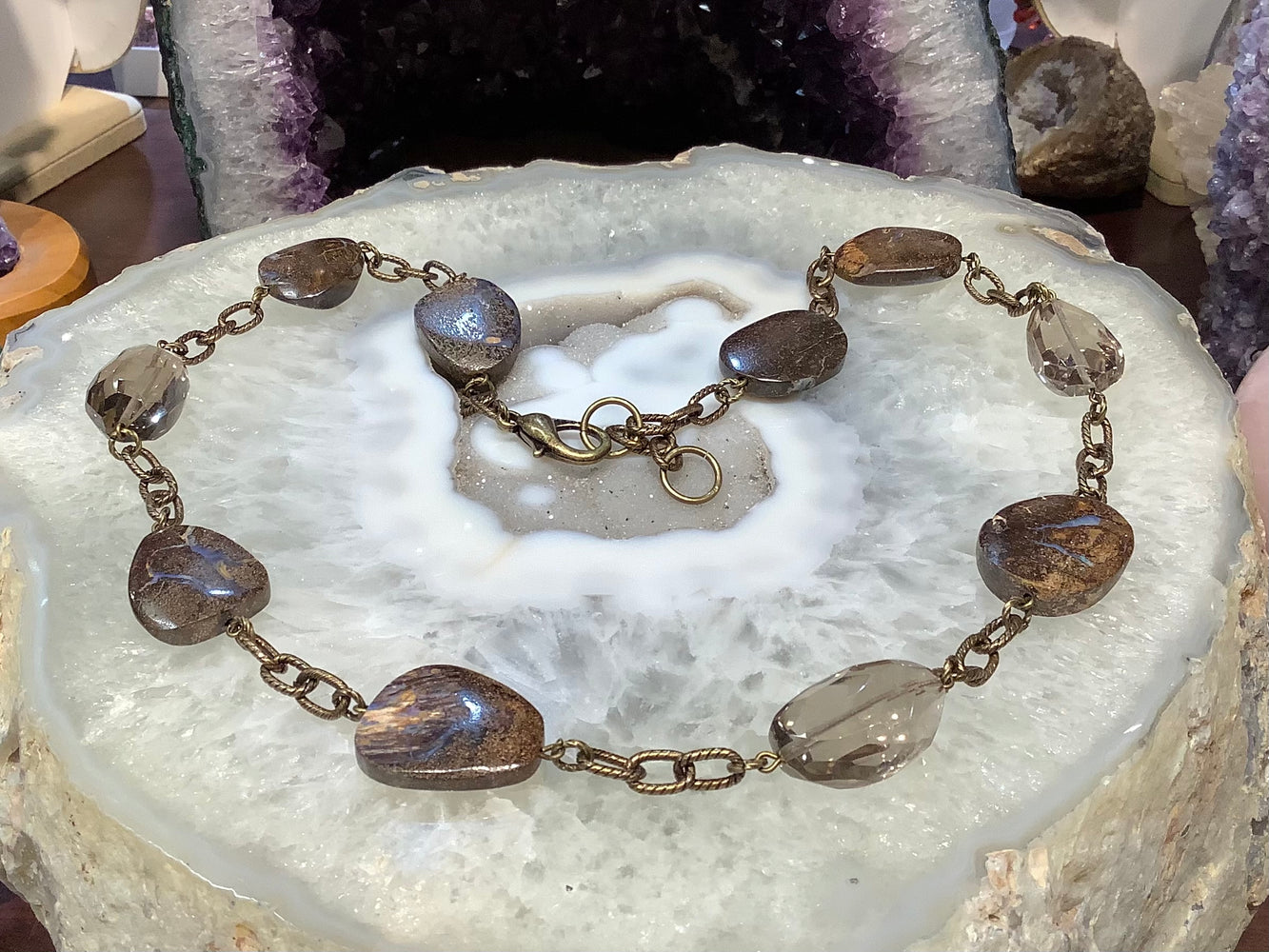 Boulder opal & smoky Quartz brass linked gemstone necklace