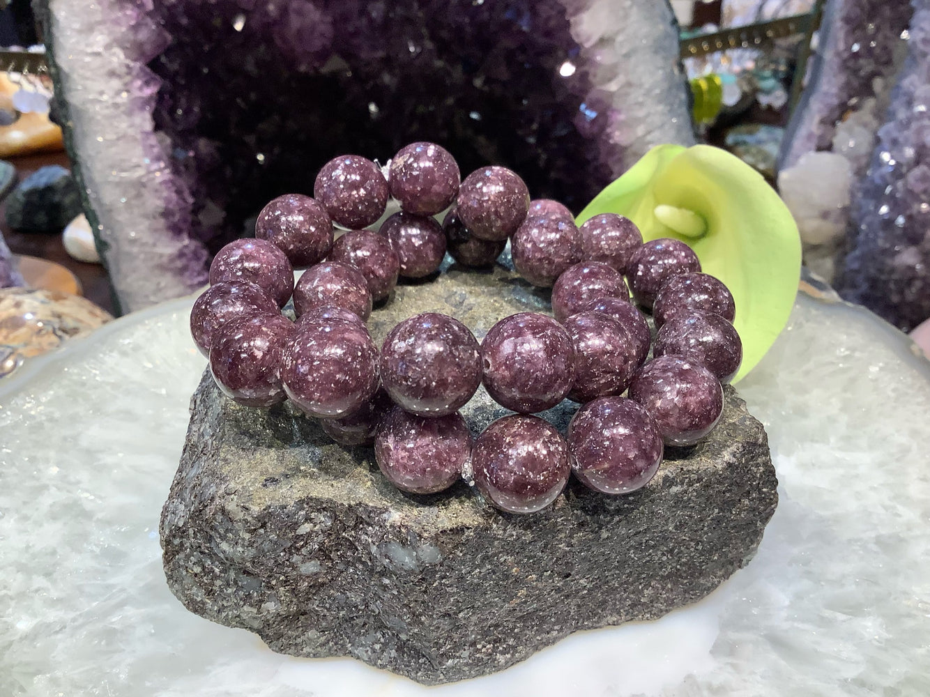 Natural Purple Lepidolite Gemstone Round Bead Bracelet -  healing energy 14mm