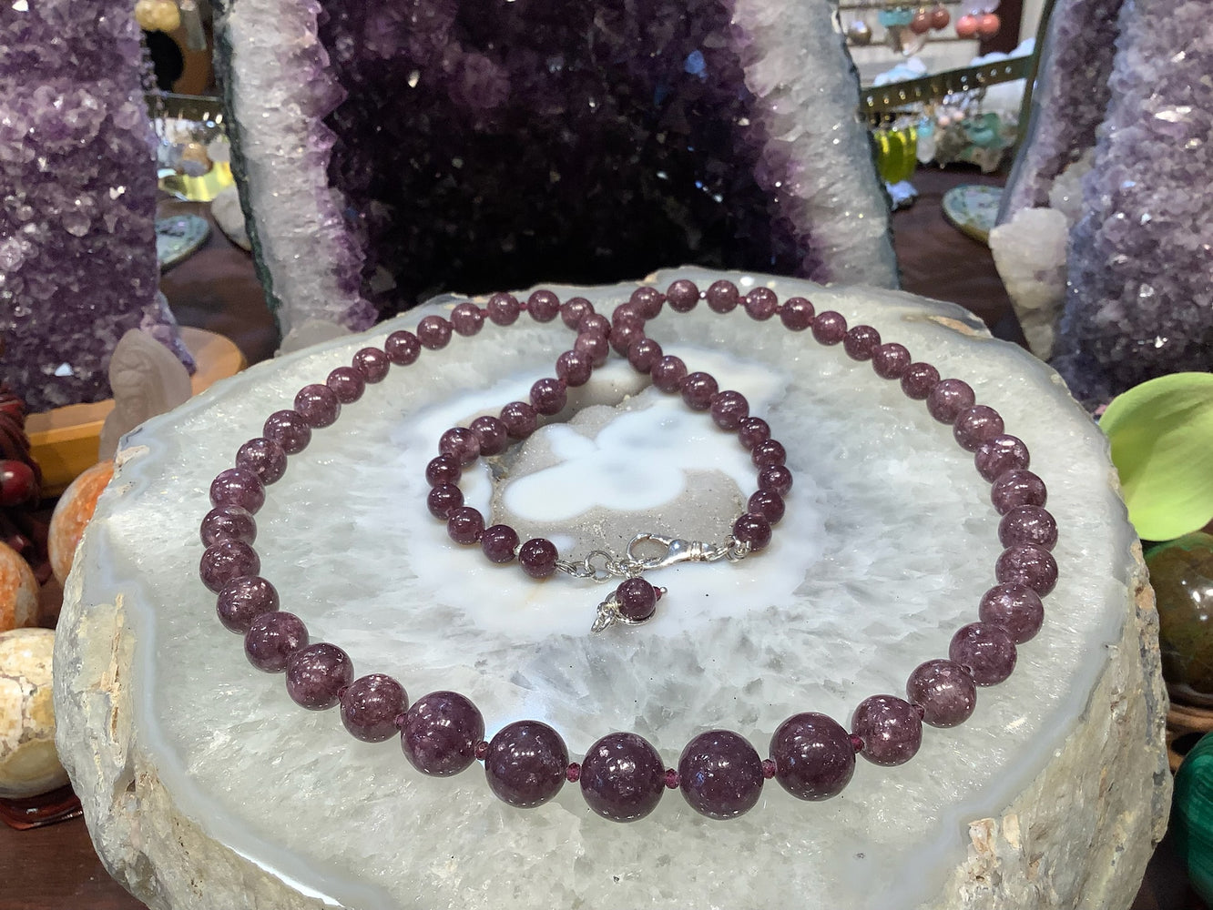 Stunning Purple Lepidolite Gemstone Necklace with Rhodolite Garnet Spacers