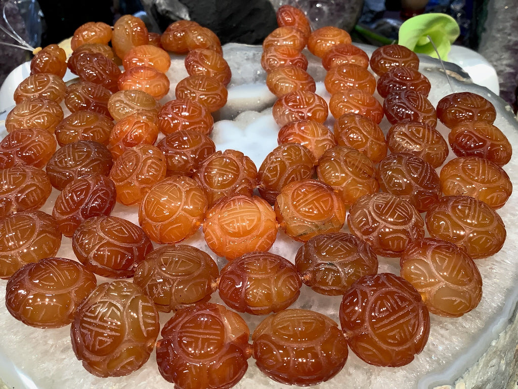 25mm Red Agate Carved Shou Beads
