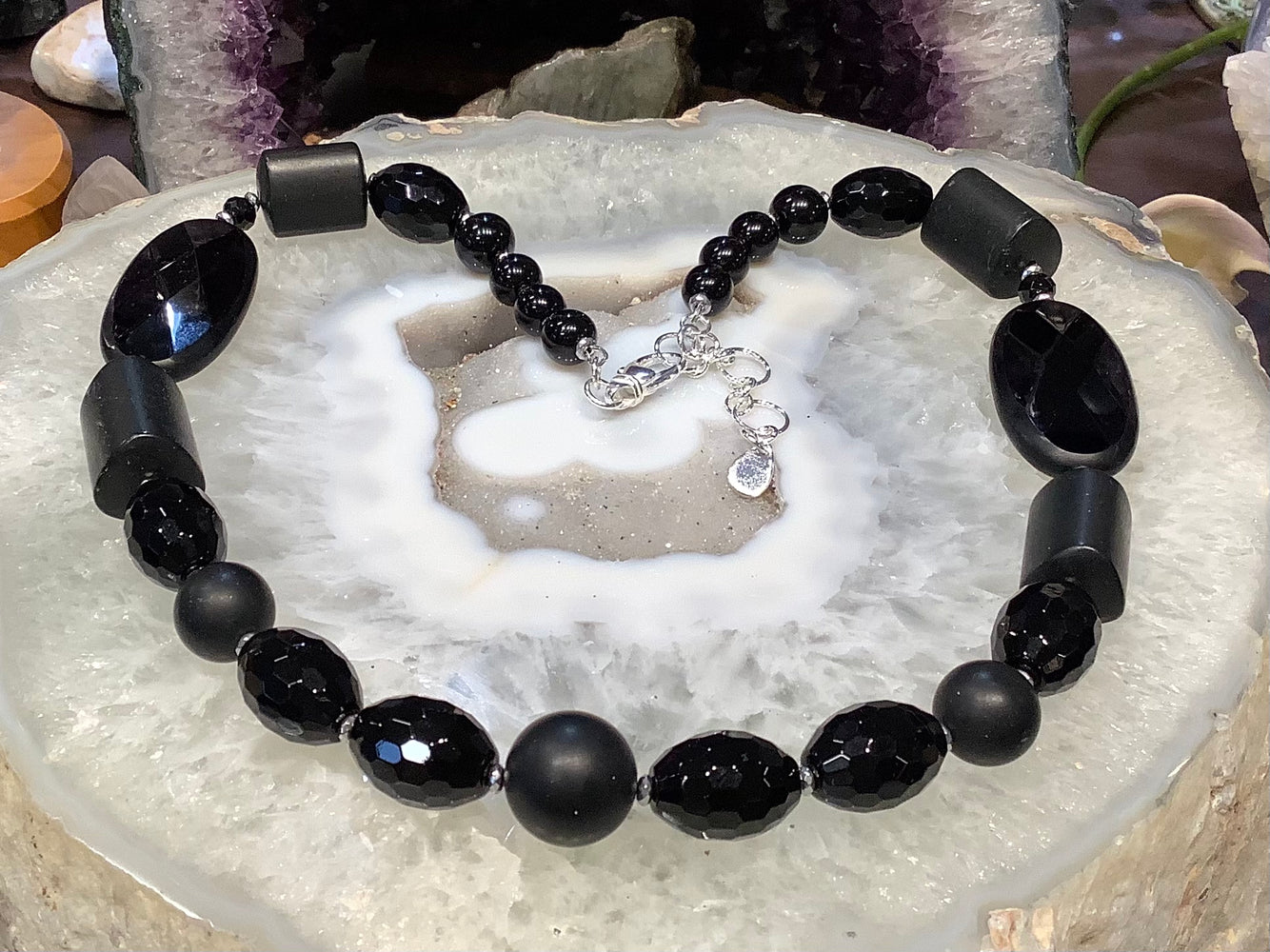 Black agate & black jade gemstone necklace