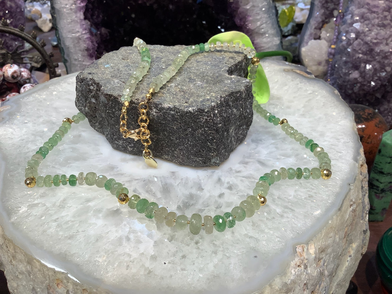 Natural Tsarovite Green Garnet & Pyrite Briolettes Gemstone Necklace