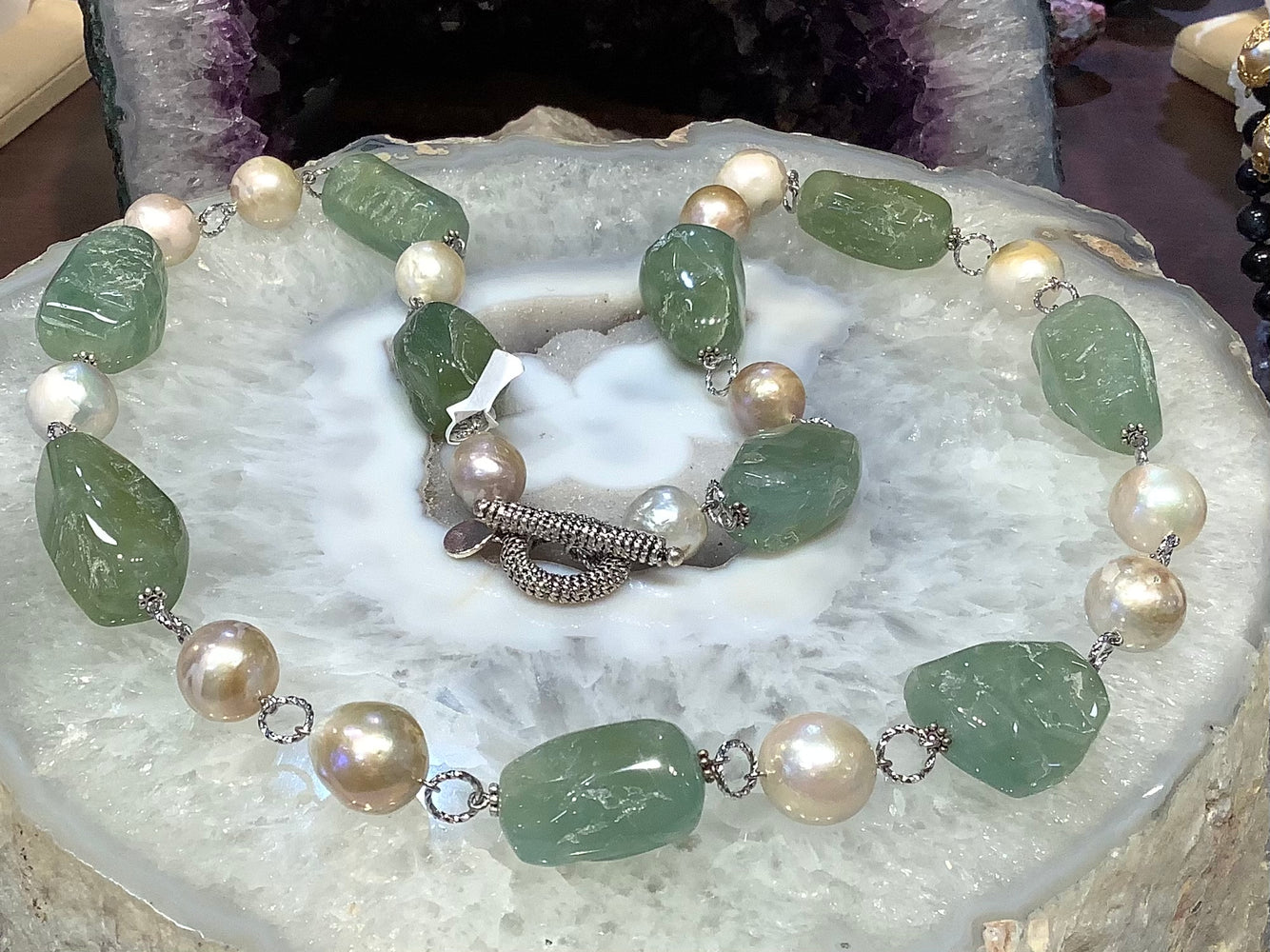 Aquamarine & freshwater pearl linked gemstone necklace