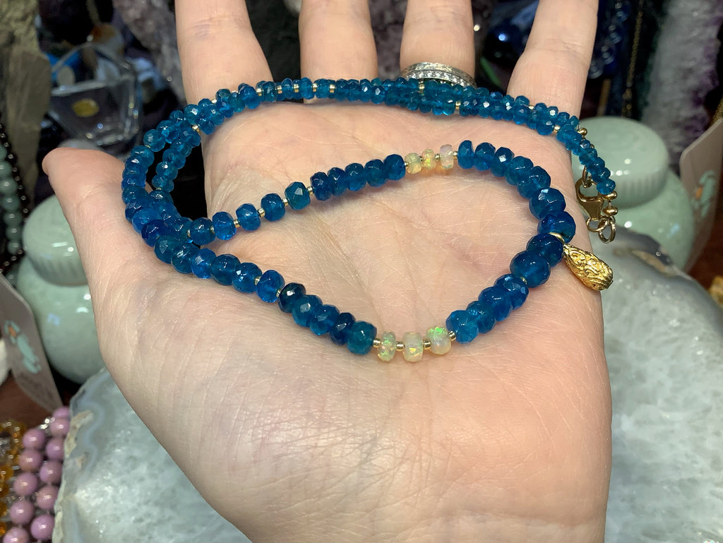 Stunning Gem Quality Ethiopian Opal and Aqua Blue Apatite Faceted Rondelle Gemstone Necklace