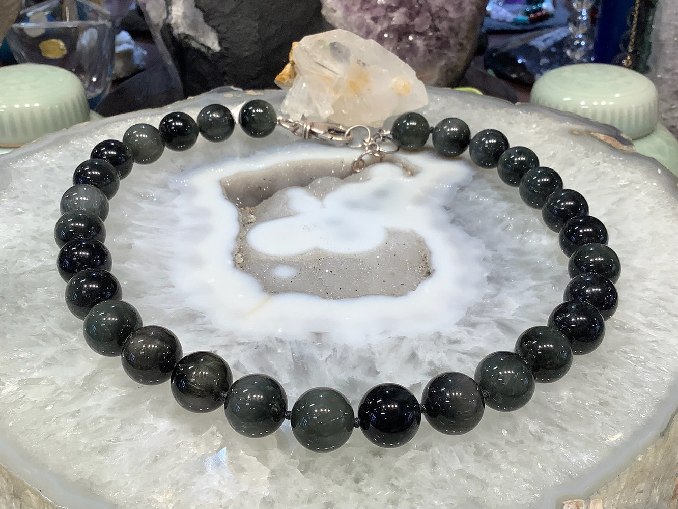 Stunning Natural Hawk’s Eye Round Gemstone Knotted Necklace