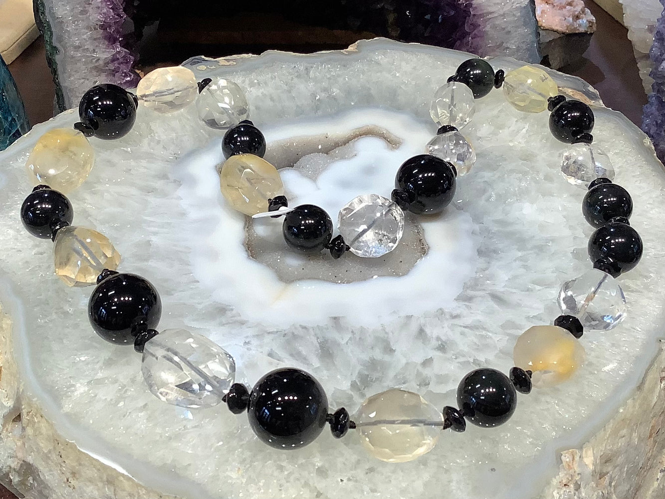 Beautiful large Phantom Quartz Black Agate statement gemstone necklace