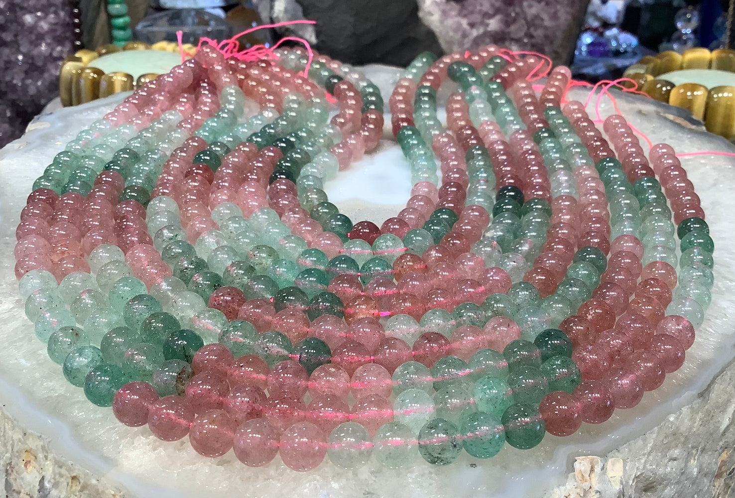 Pink strawberry quartz & green epidote 8mm gemstone beads