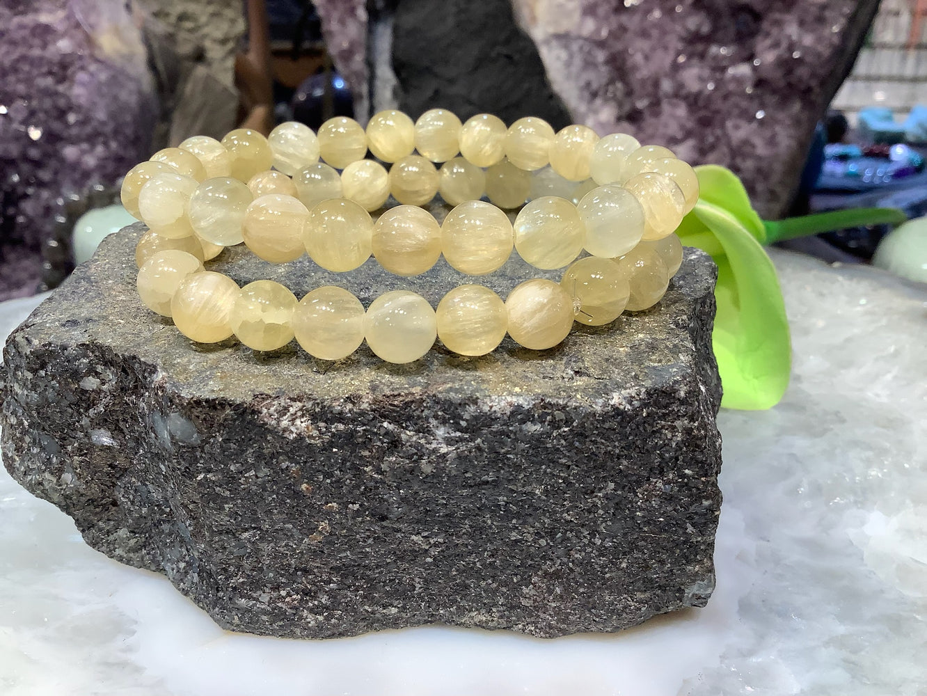 8mm Yellow Selenite Gemstone Bead Bracelet - Healing Energy
