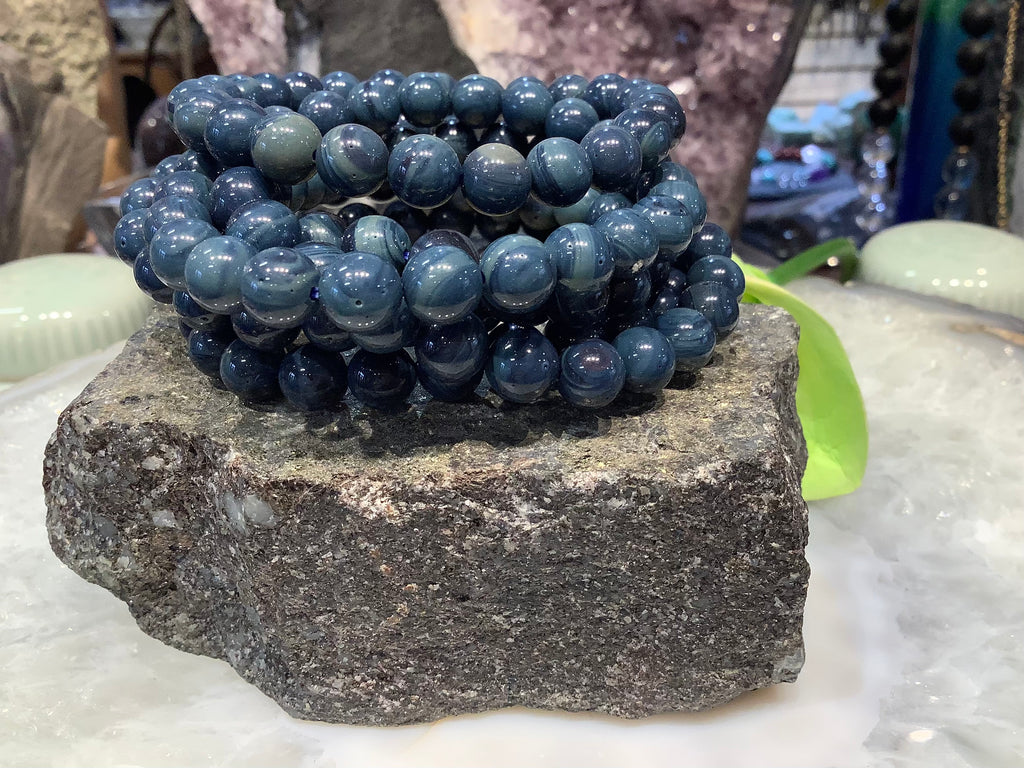 8mm Blue Sieber Agate Round Gemstone Bead Bracelet