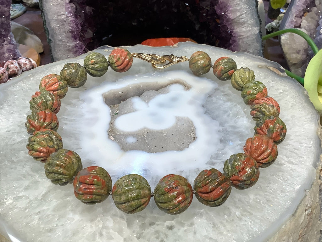 Large Hand Knotted Unakite Carved Gemstone Bead Necklace