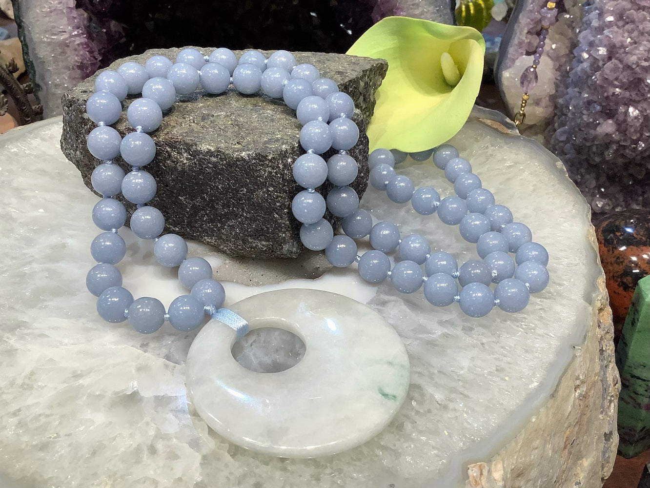 Blue angelite 10mm gemstone necklace with Natural Jade Pendant