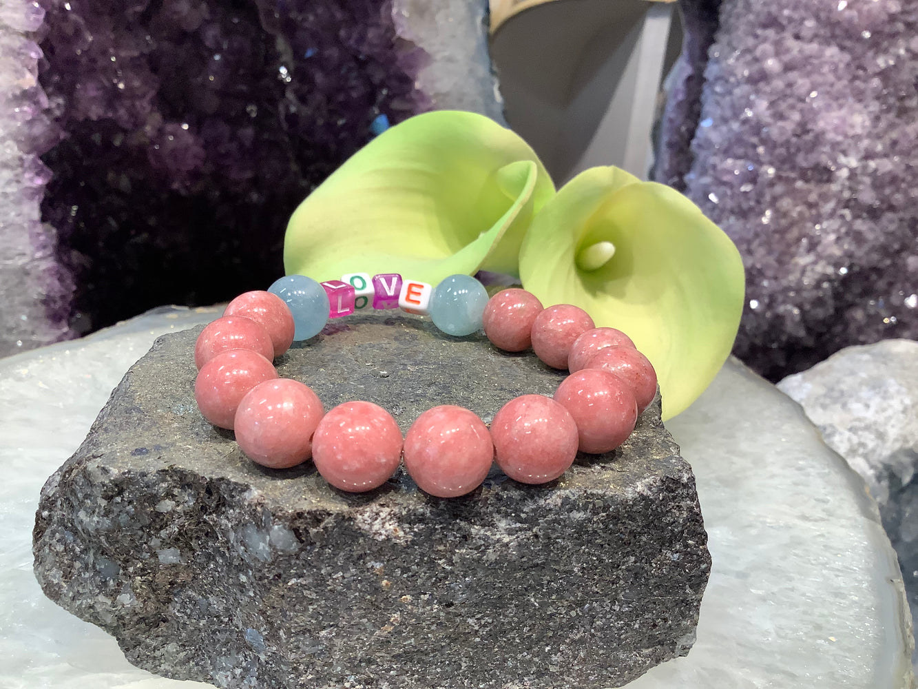 Thulite & aquamarine love gemstone bracelet