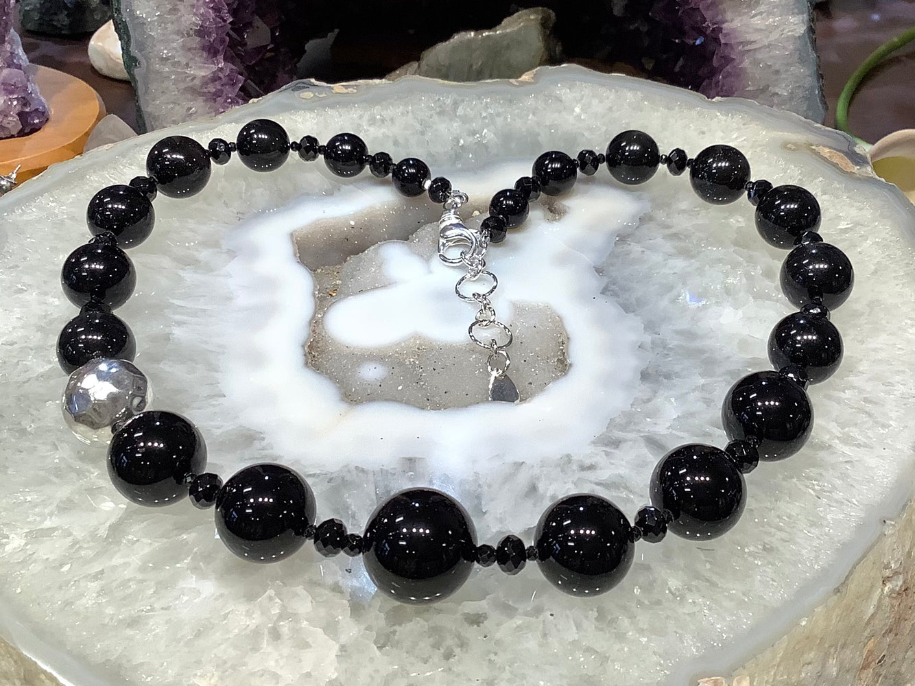 Black agate & spinel gemstone necklace