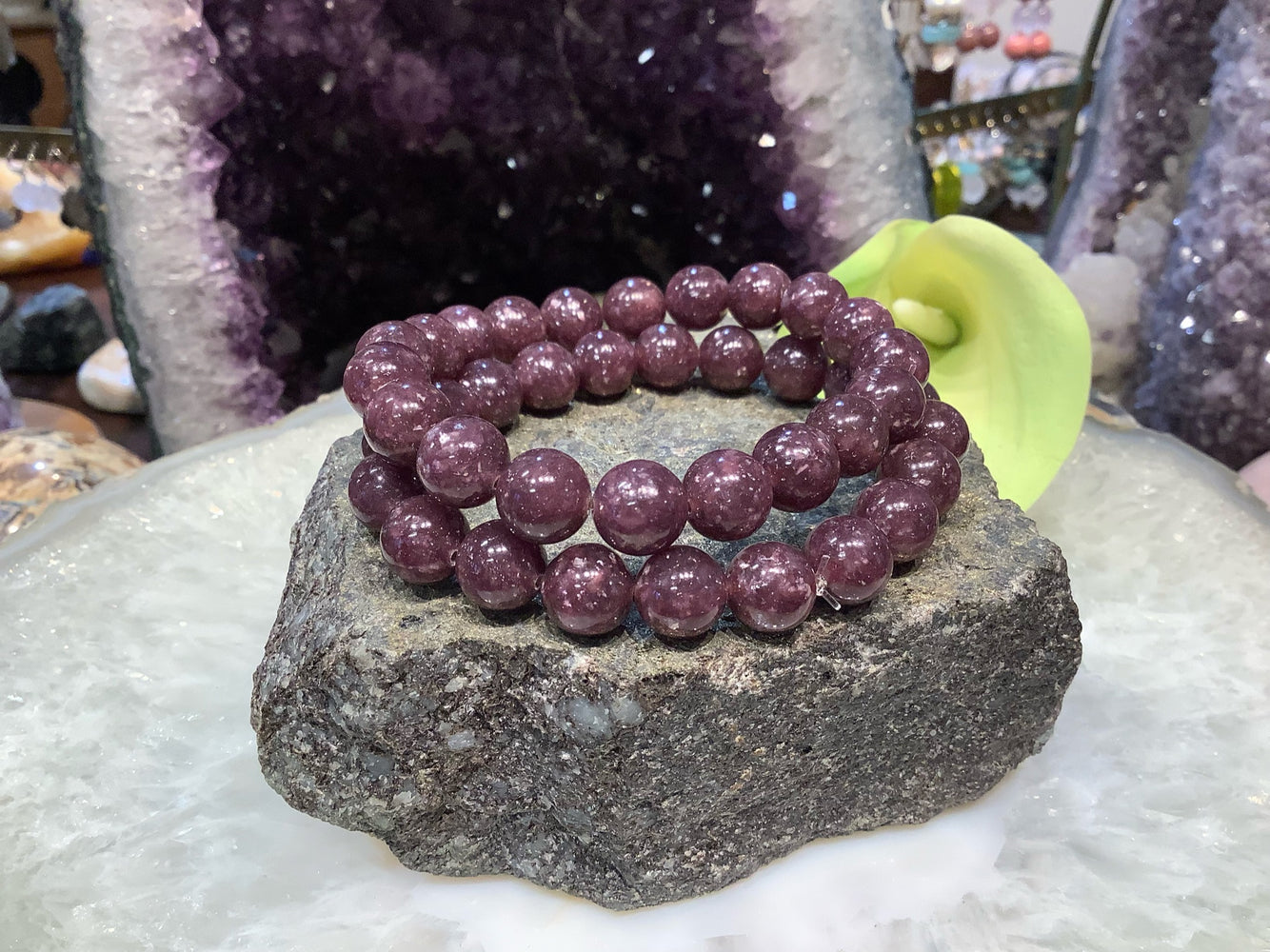 Natural Purple Lepidolite Gemstone Round Bead Bracelet -  healing energy 10mm