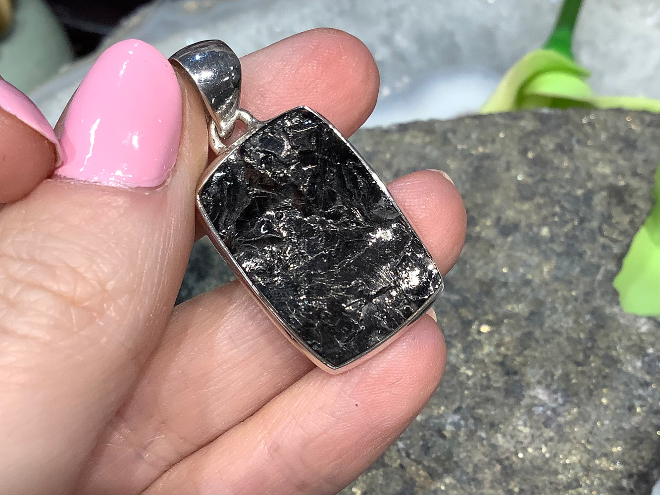 Shungite & sterling rectangle gemstone pendant