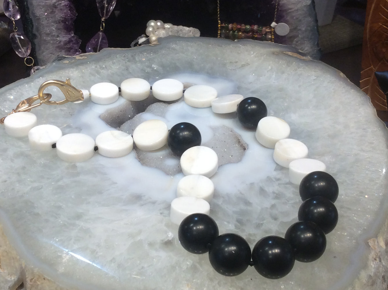 Black  jade & white agate gemstone necklace  #2