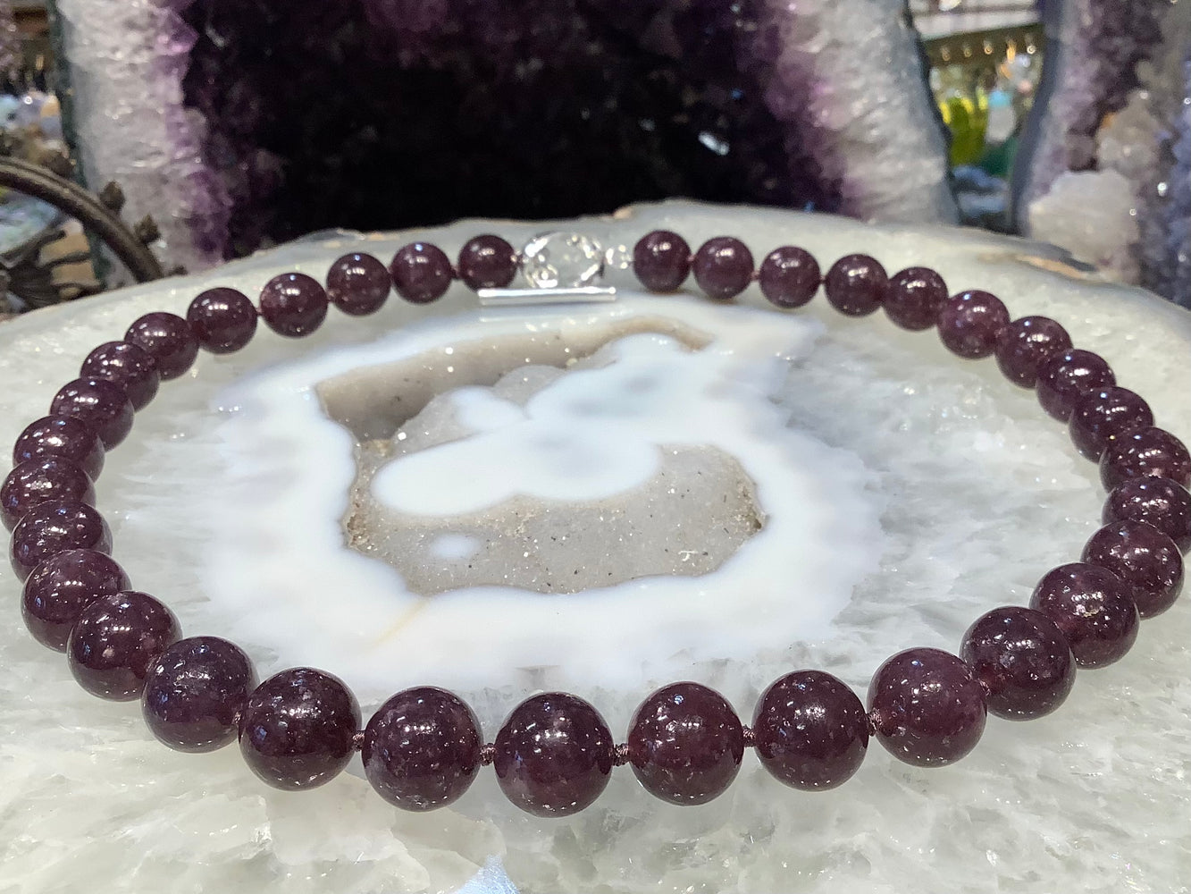 Beautiful Lepidolite mica 12mm gemstone necklace