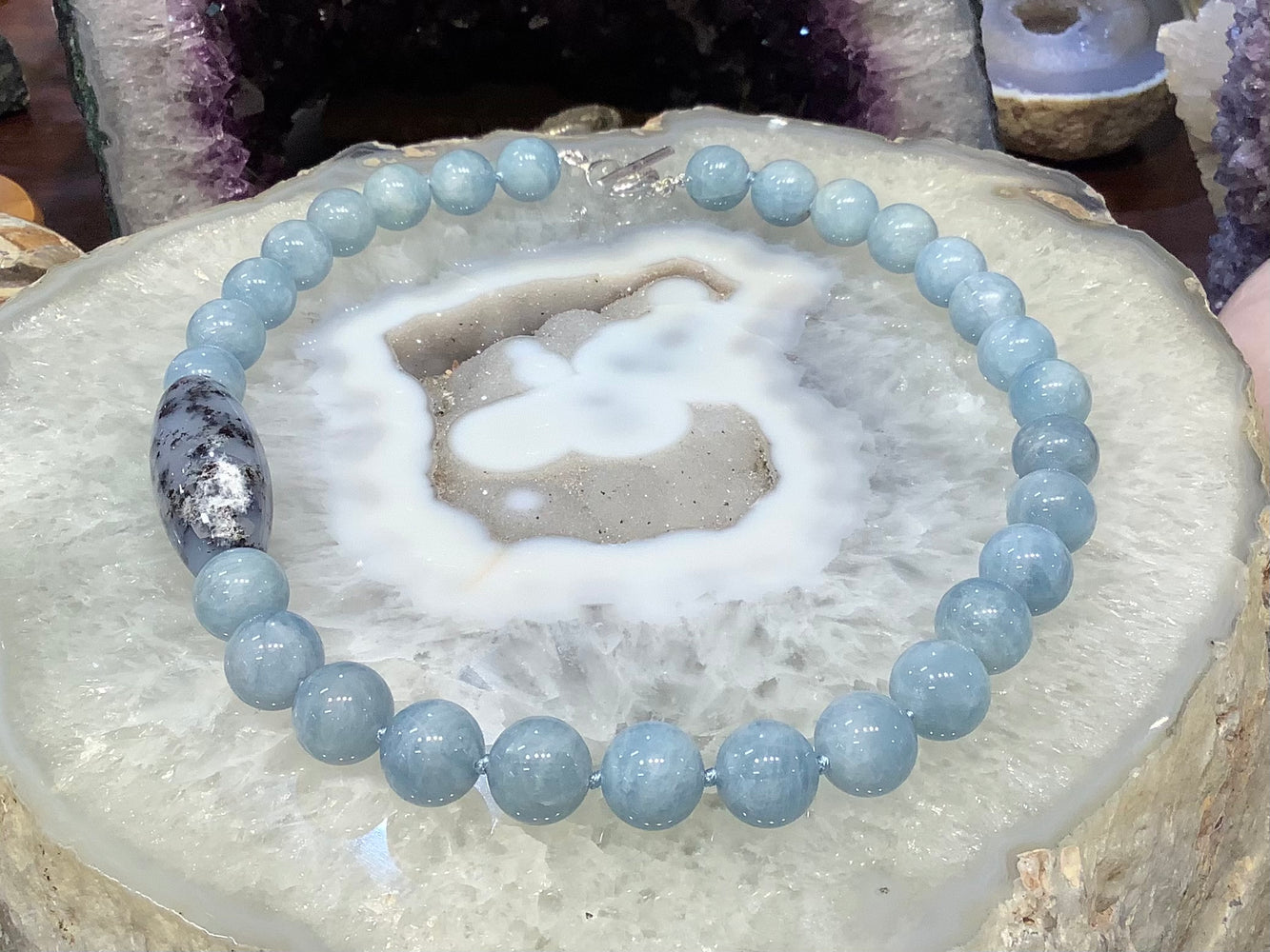 Beautiful Aquamarine & dendrite agate gemstone necklace