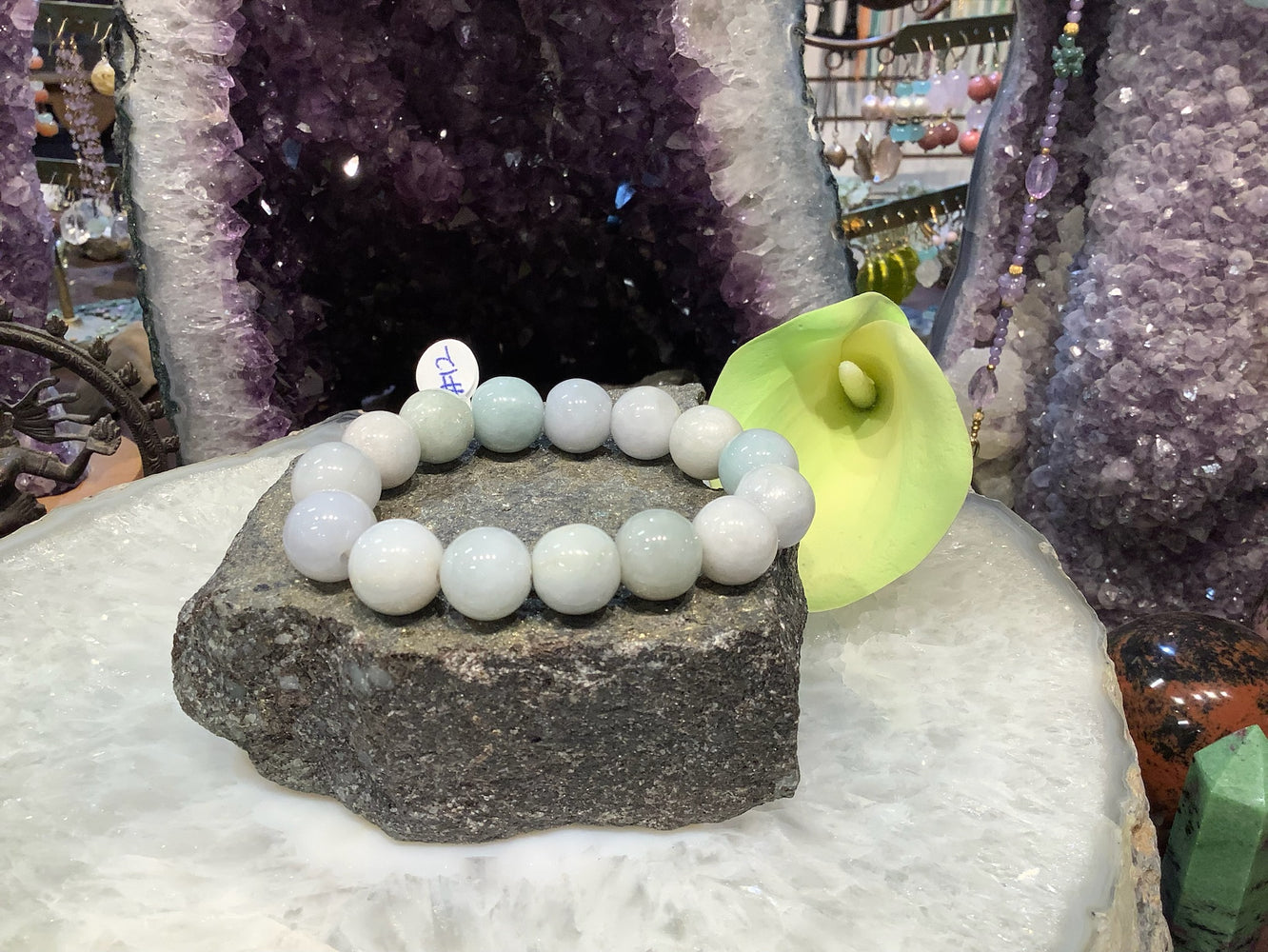 Lavender Green Jade Jadeite Bracelet - Natural Jade 14mm #12
