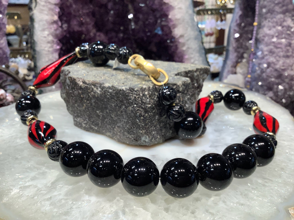 Black Onyx and Red Black Venetian Gemstone Necklace