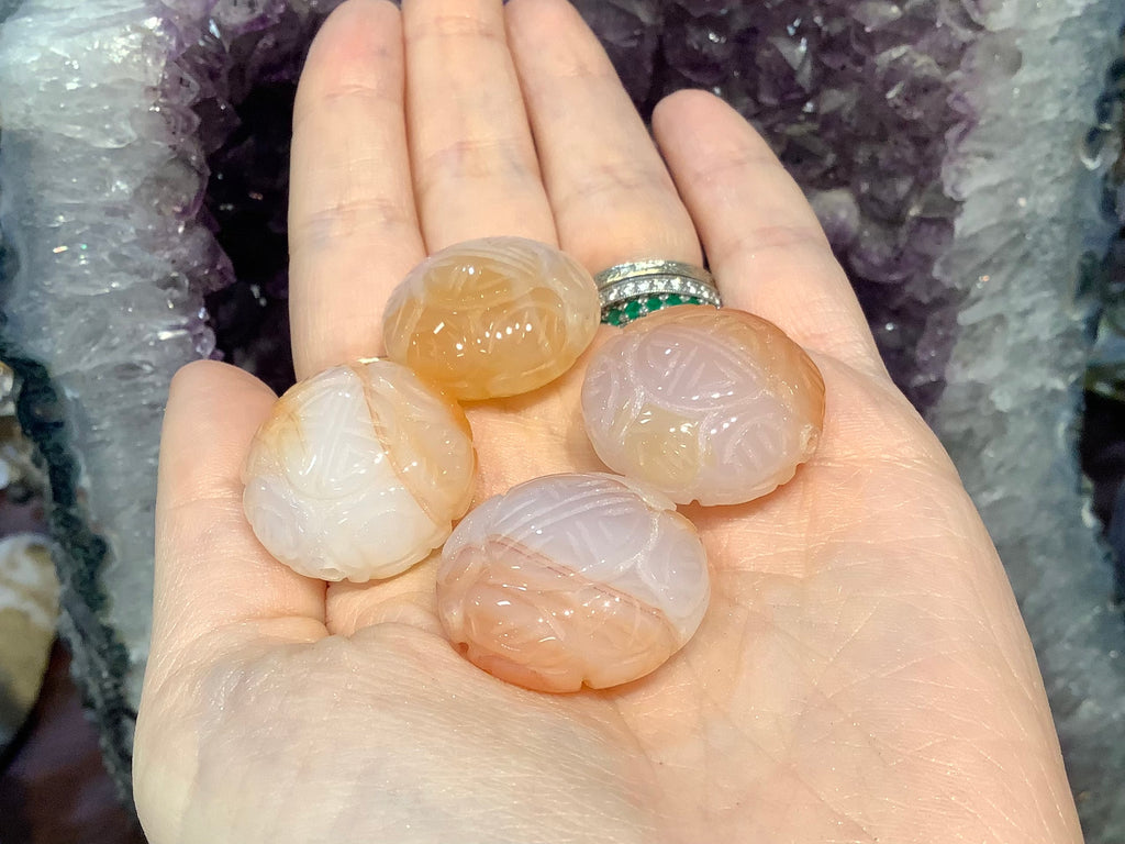 4 Large carnelian carved shou gemstone beads