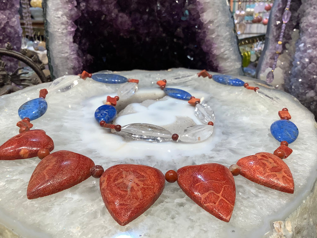 Large lapis Quartz & sponge coral heart gemstone necklace