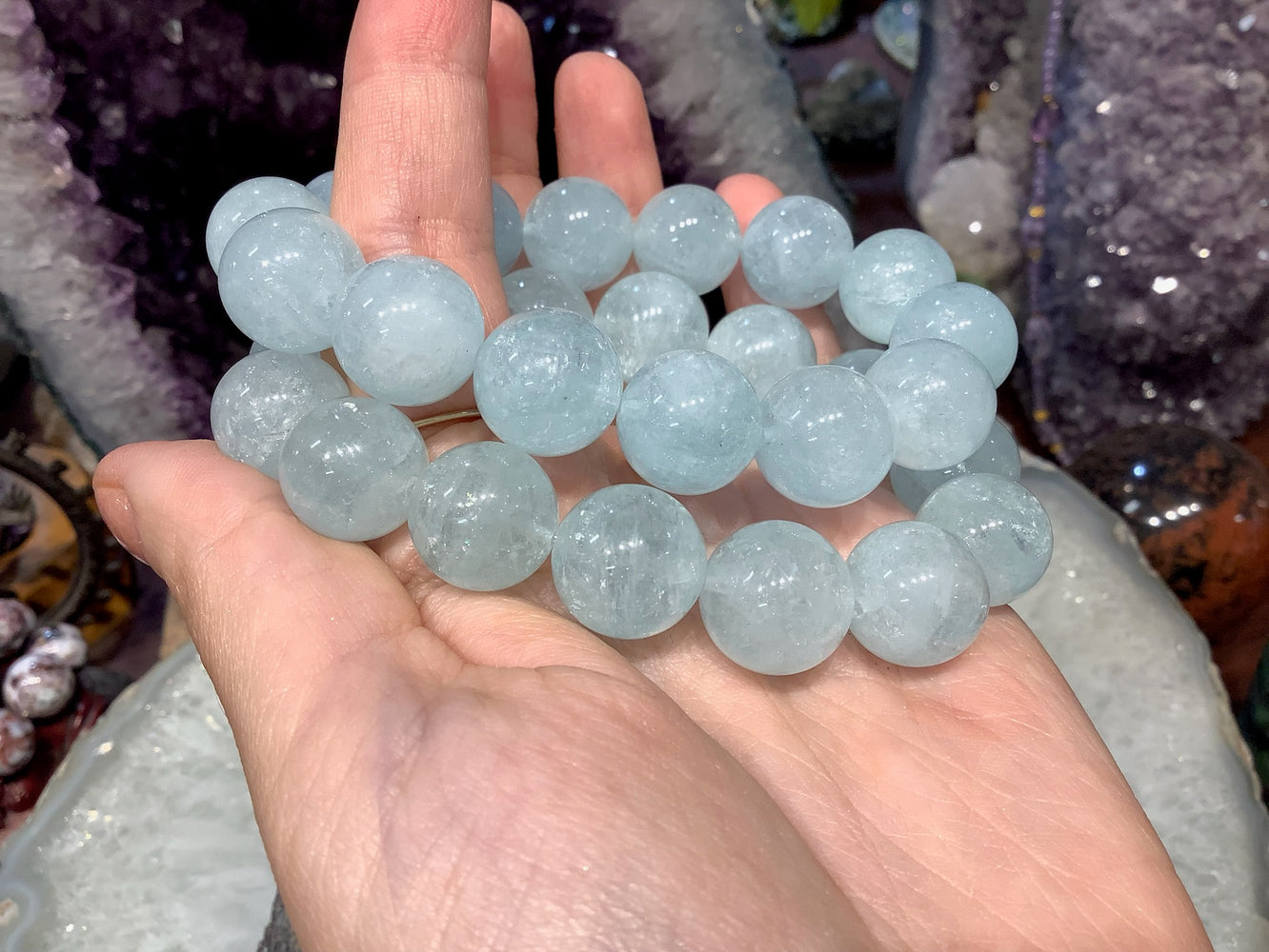 Sparkling Natural Blue Aquamarine Round Gemstone Bead Bracelet - 14mm