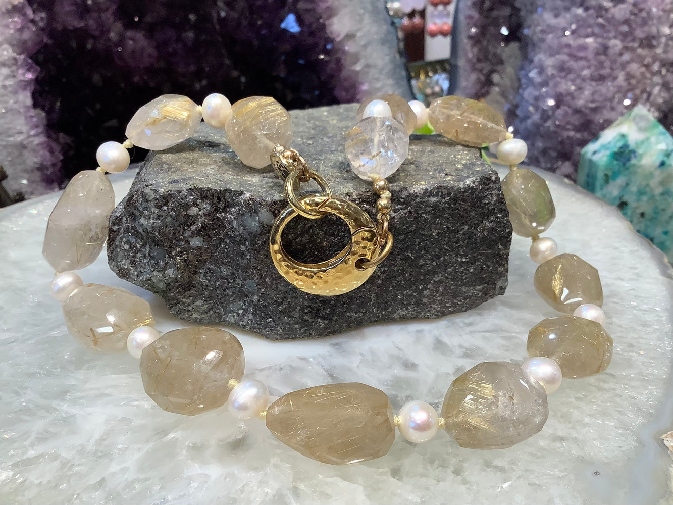 Gold rutile faceted Quartz & pearl gemstone necklace