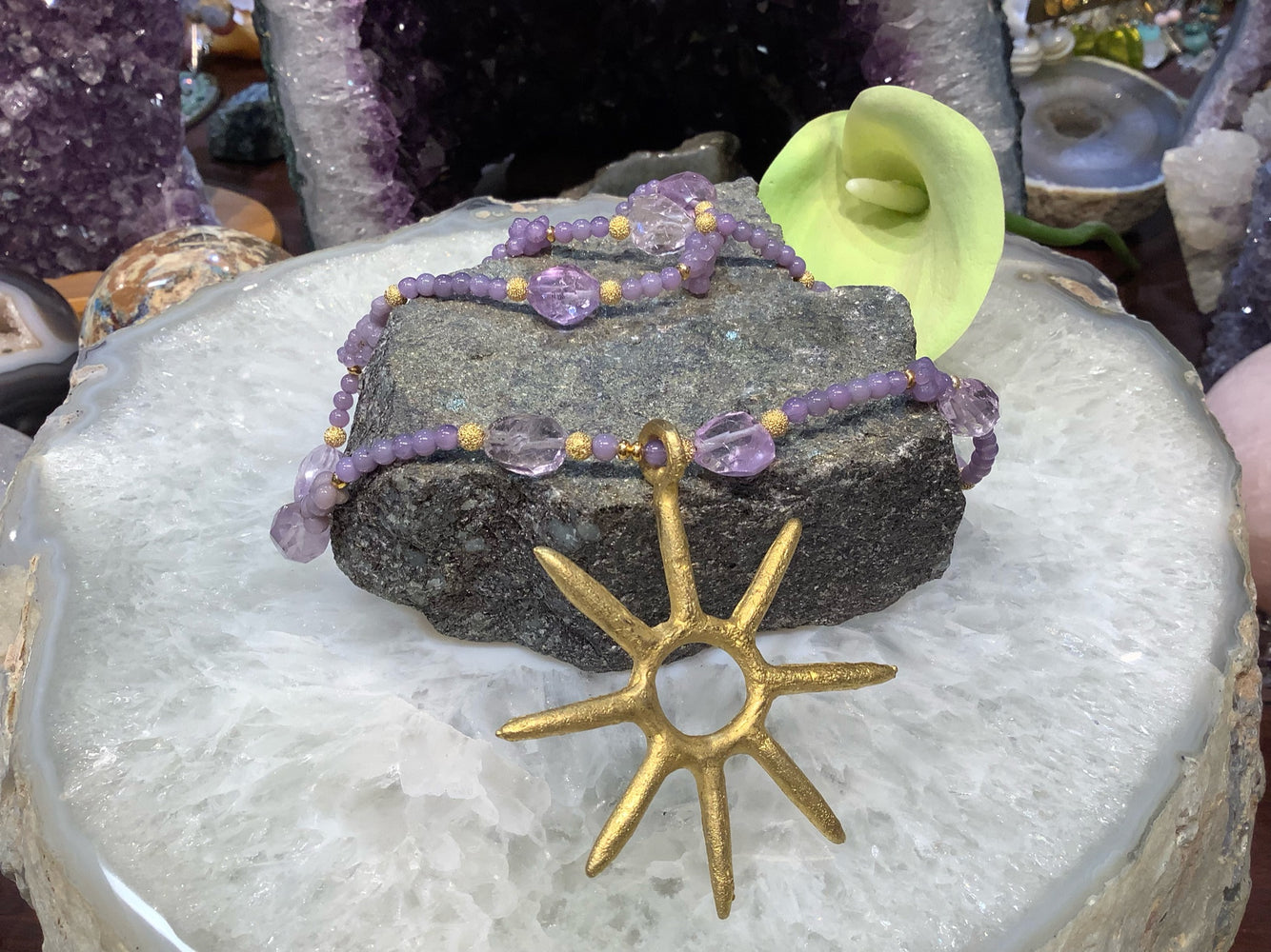 Brazil Amethyst, Purple Grape Agate & Brass Pendant Gemstone Necklace