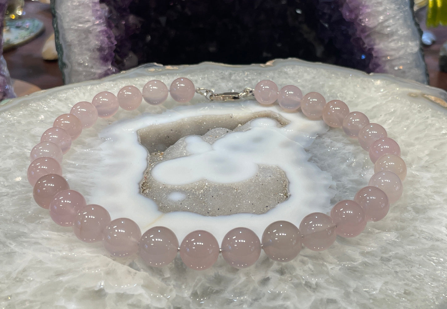 Natural Pink Chalcedony Round Gemstone Necklace -12mm