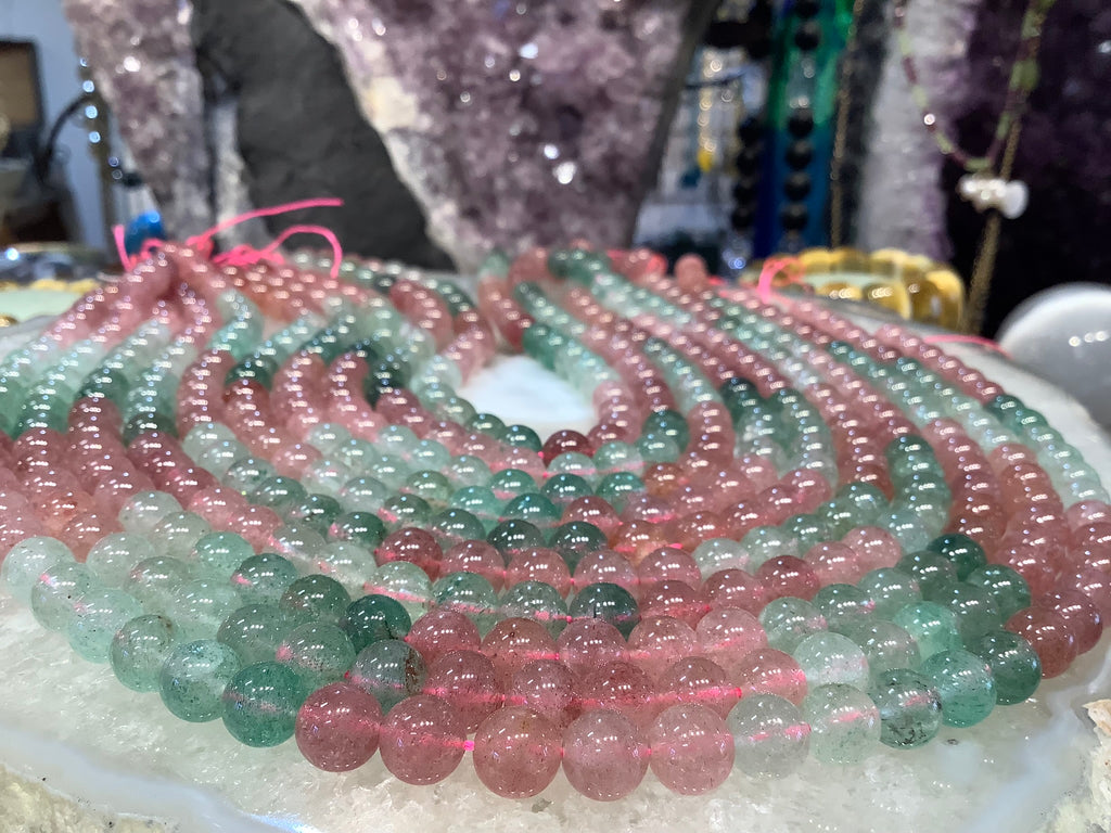 Pink strawberry quartz & green epidote 8mm gemstone beads