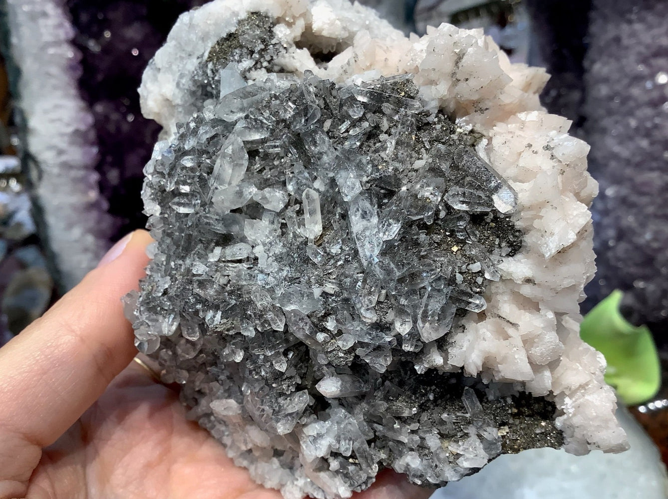Natural Dolomite with Terminated Quartz Points and Pyrite