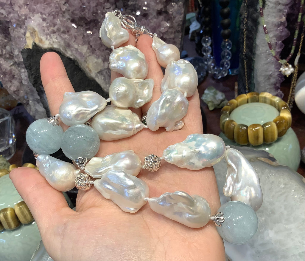 Large white Baroque pearl & aquamarine gemstone necklace