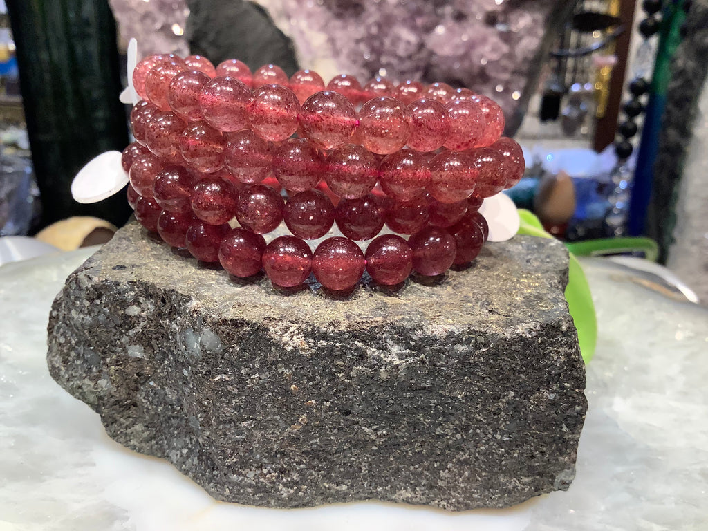 Stunning Deep Pink Strawberry Quartz Gemstone Bracelet - 9mm