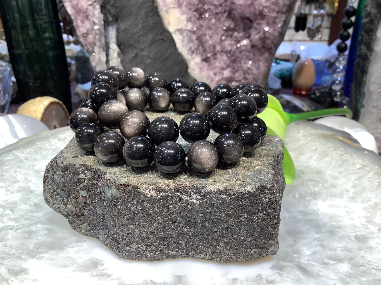 Silver sheen obsidian 12mm gemstone bracelet