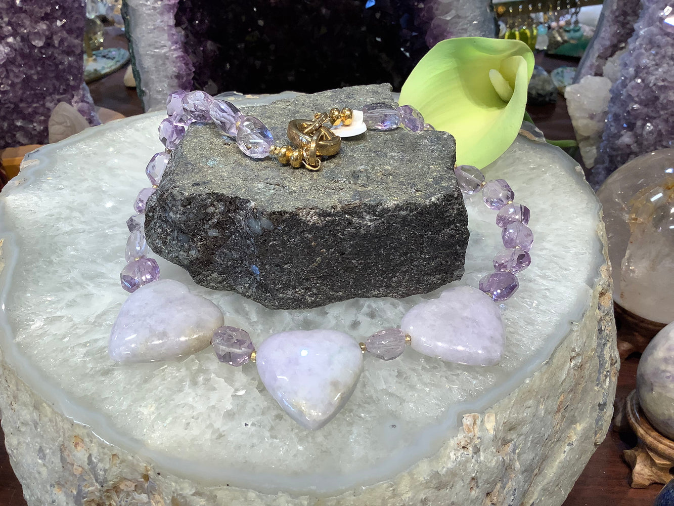 Lavender Jade heart & amethyst gemstone necklace