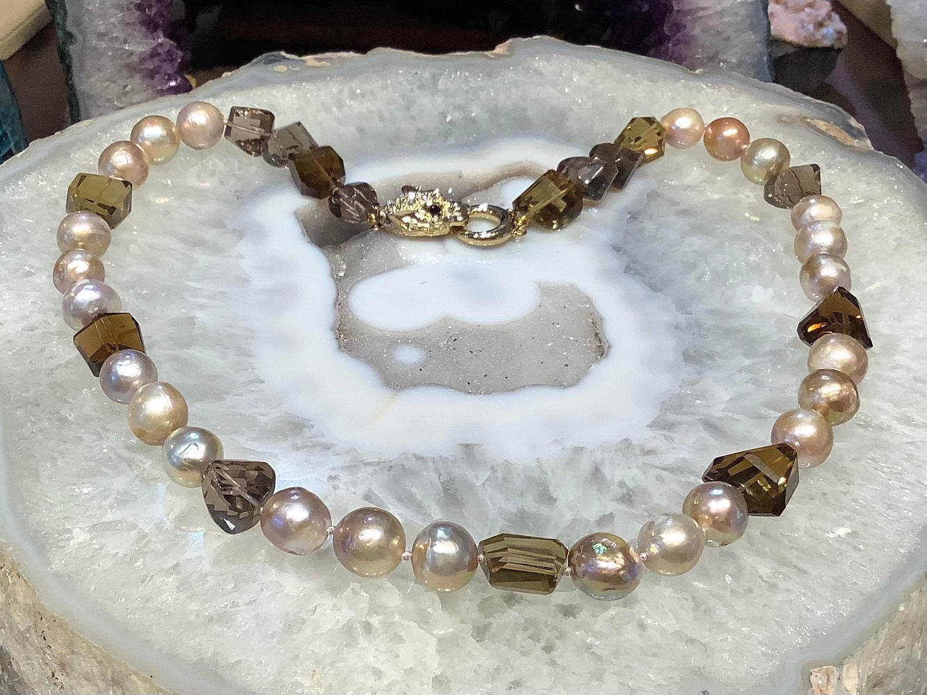 Incredible natural pearl & smoky quartz necklace
