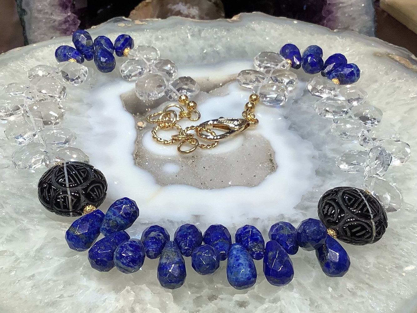 Rock Crystal, Black Agate and Lapis Lazuli Necklace