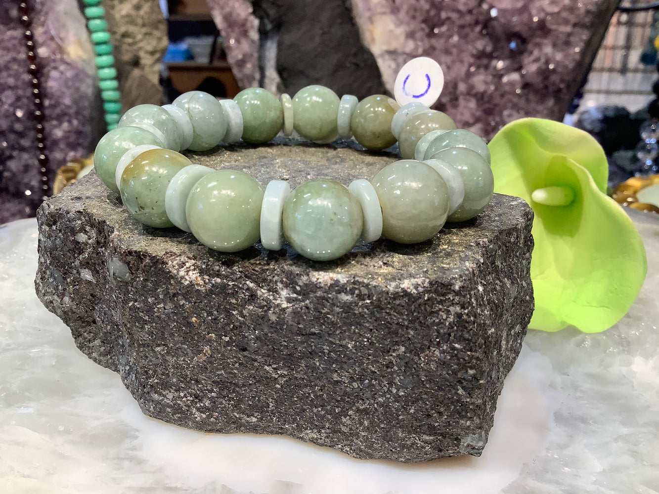 Natural green jadeite jade 14mm gemstone bracelet C