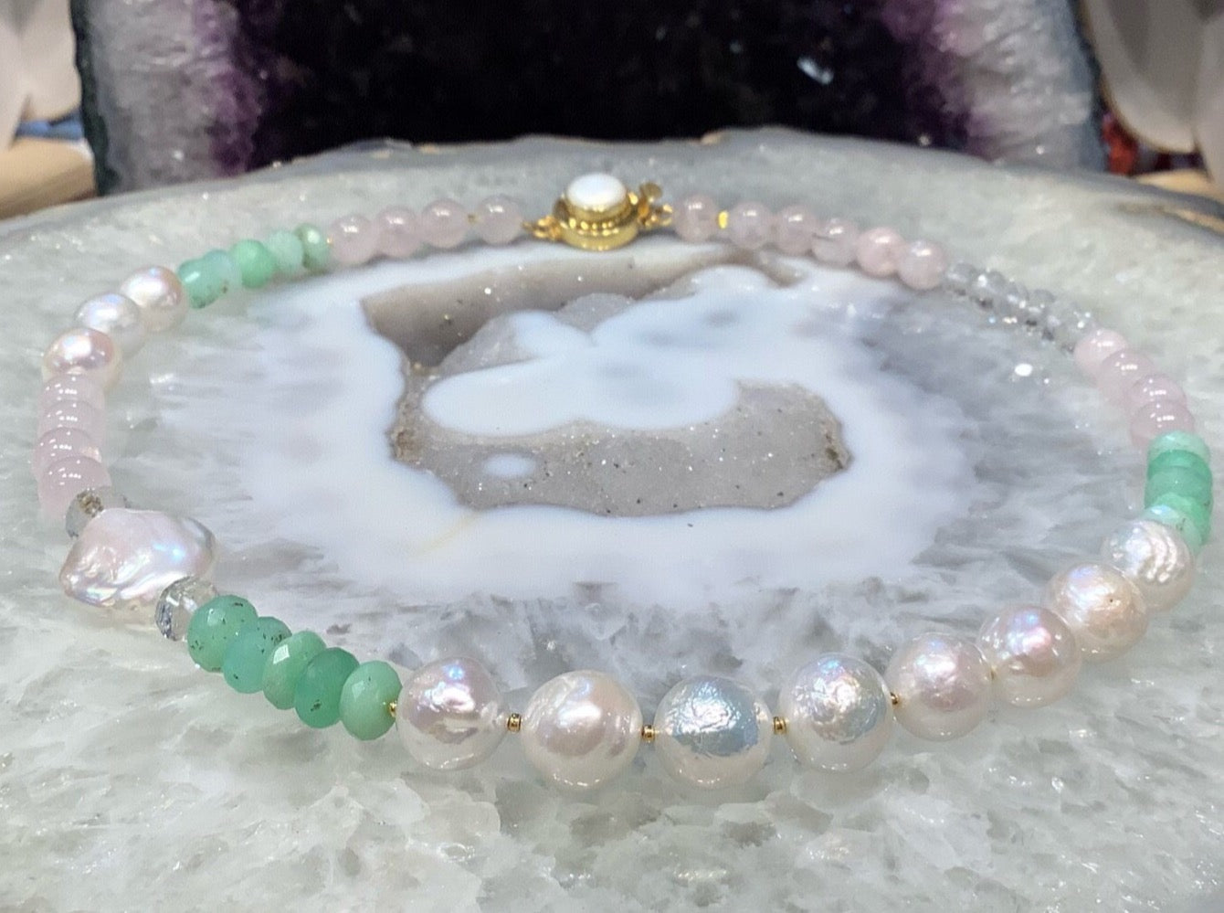 Chrysoprase, Freshwater Pearl, Imperial Topaz and Rose Quartz Gemstone Necklace
