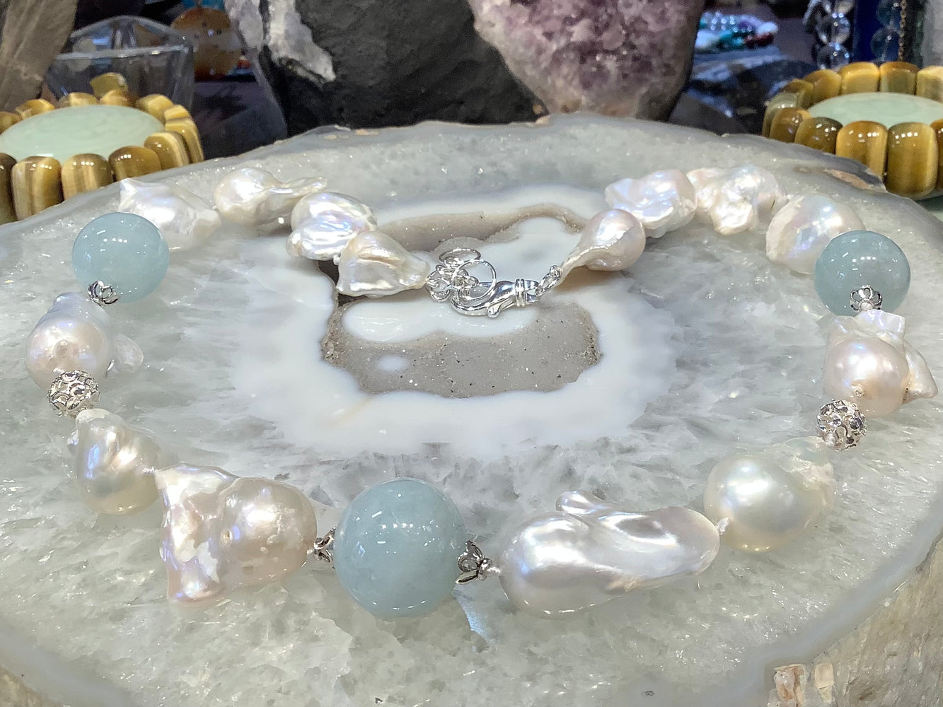 Large white Baroque pearl & aquamarine gemstone necklace