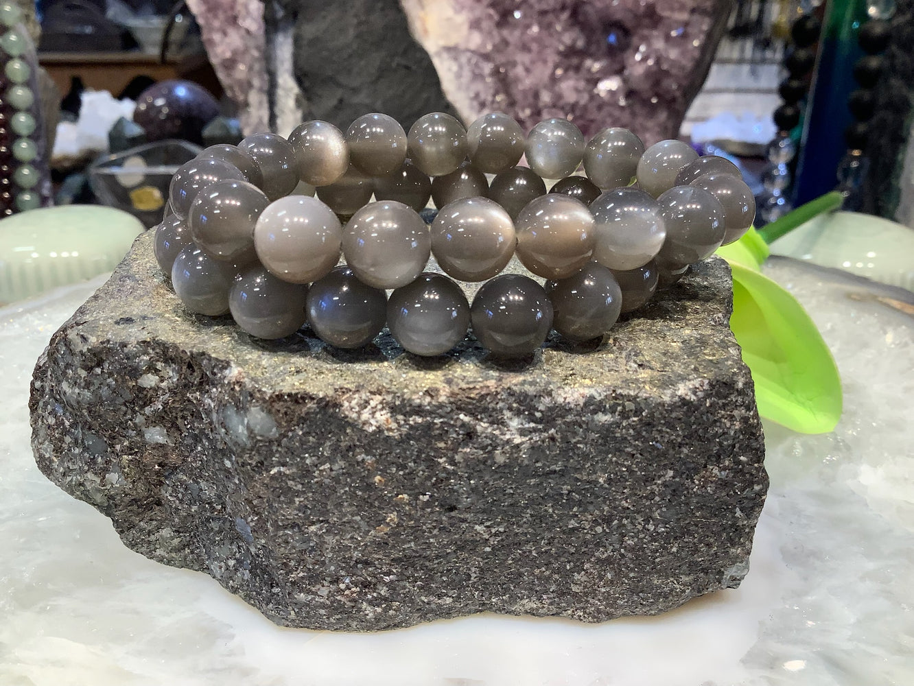Stunning Chatoyant Taupe moonstone 10mm gemstone bracelet