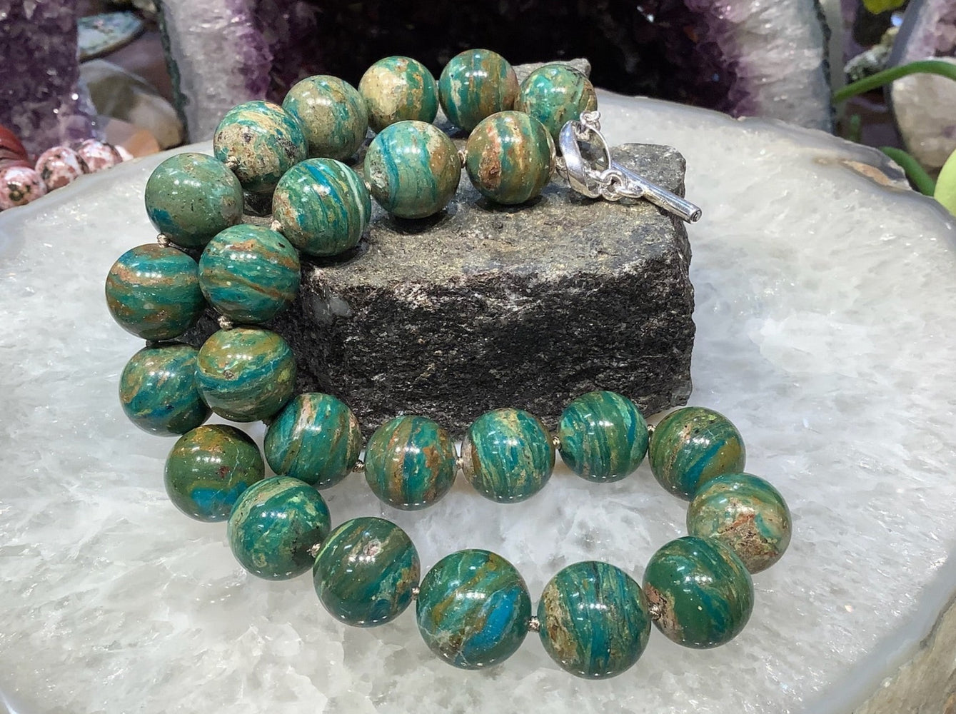 Rare Peruvian Peru Blue Opaline Round Gemstone Necklace