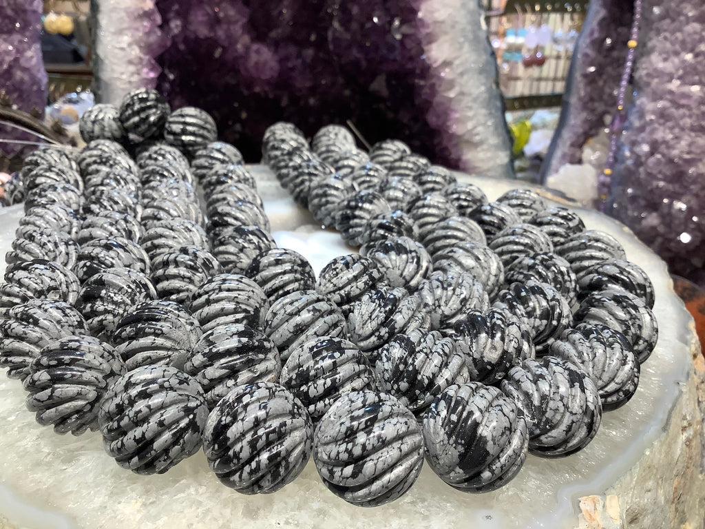 20mm Snowflake Obsidian Carved Melon Gemstone Beads