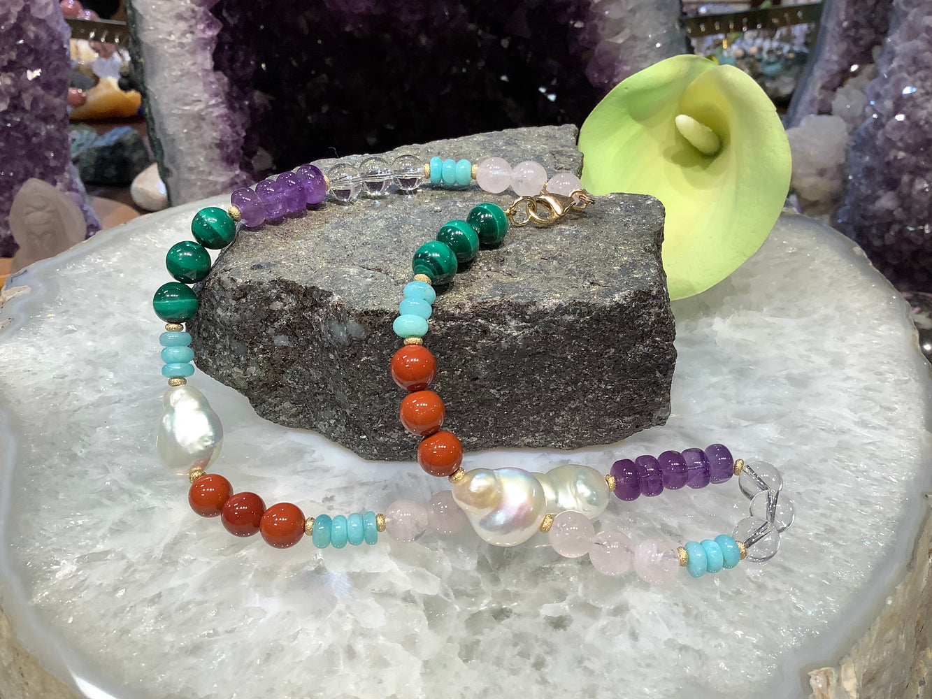 Multicolour gemstone & freshwater pearl necklace